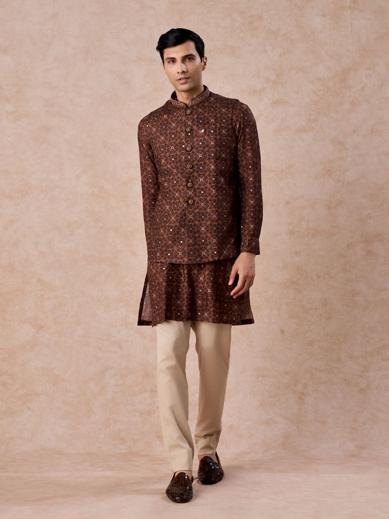 Manyavar Men Mehndi Green Festive Kurta Jacket Set