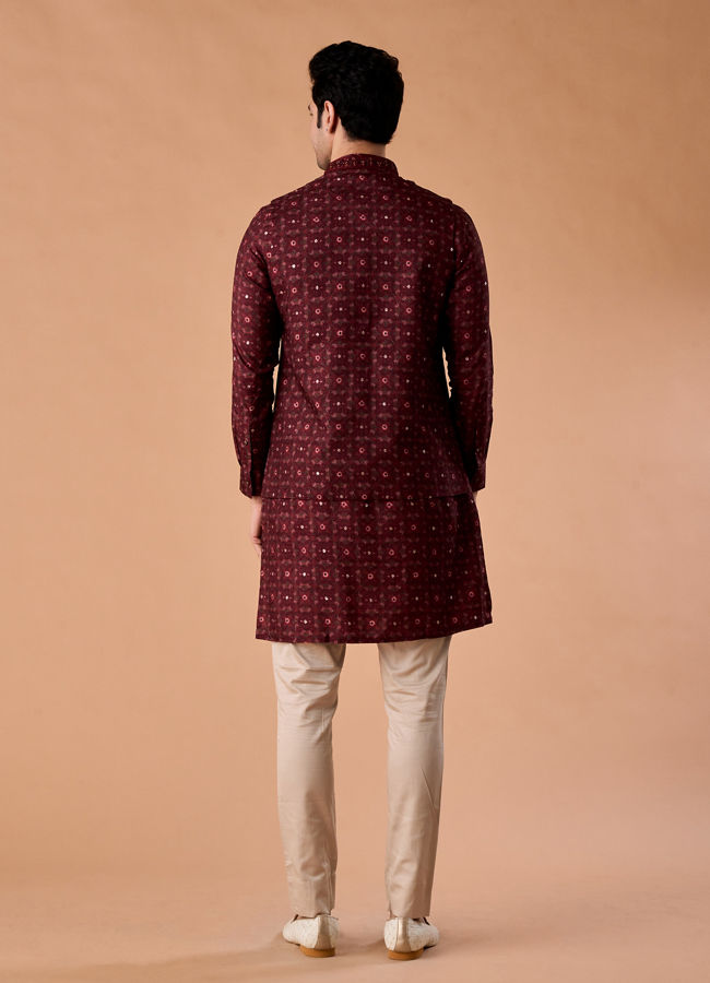 Manyavar Men Regal Maroon Kurta Jacket Set