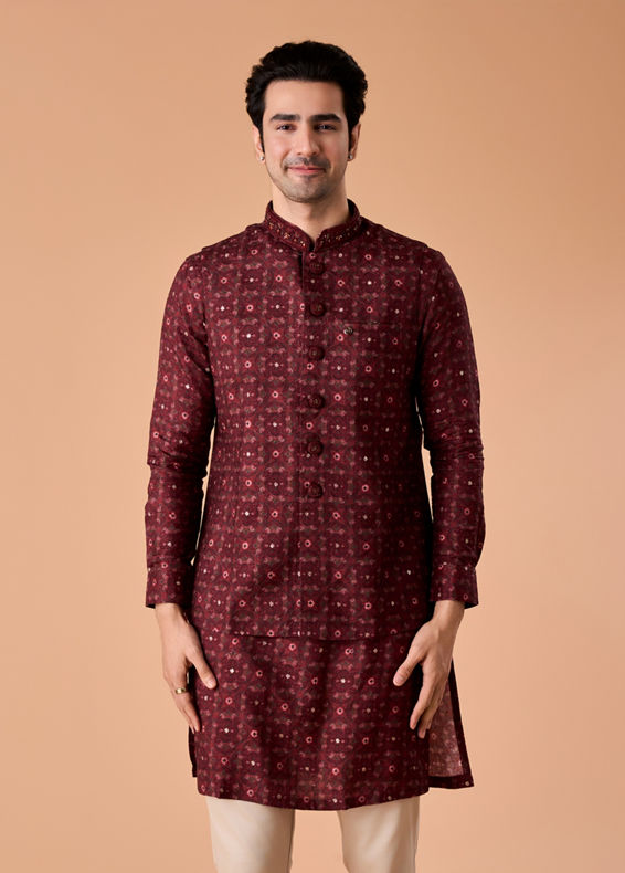 Manyavar Men Regal Maroon Kurta Jacket Set
