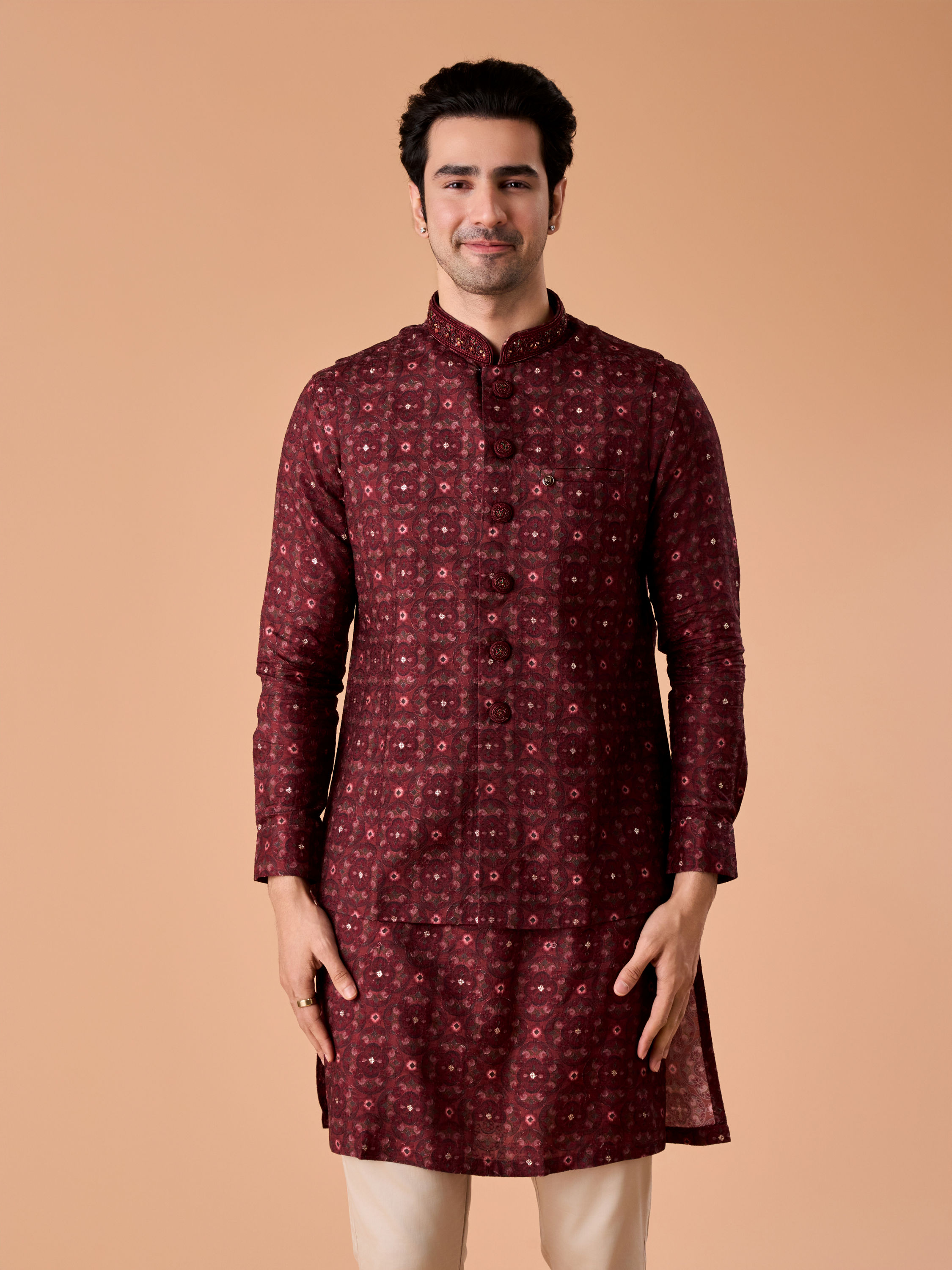 Manyavar Men Regal Maroon Kurta Jacket Set