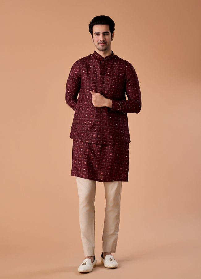 Manyavar Men Regal Maroon Kurta Jacket Set