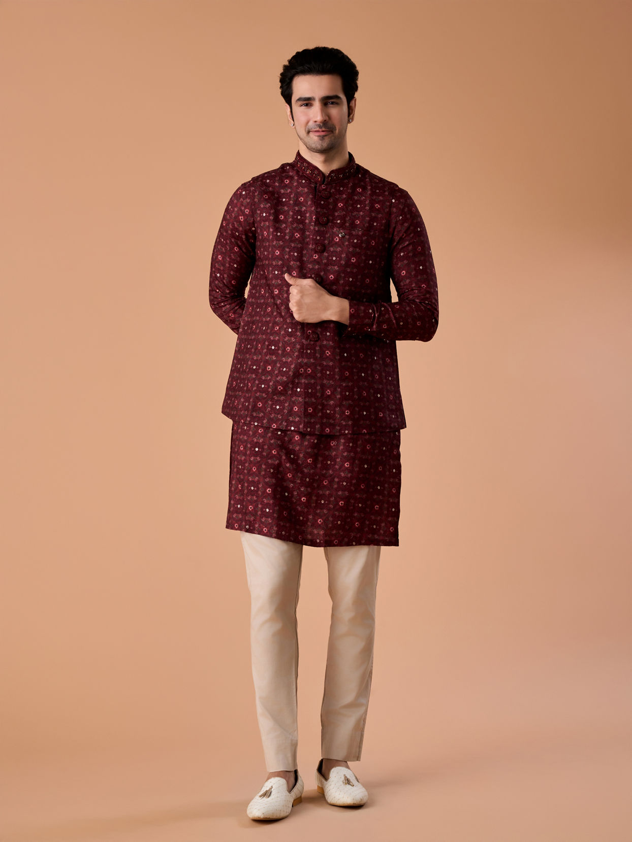 Manyavar Men Regal Maroon Kurta Jacket Set