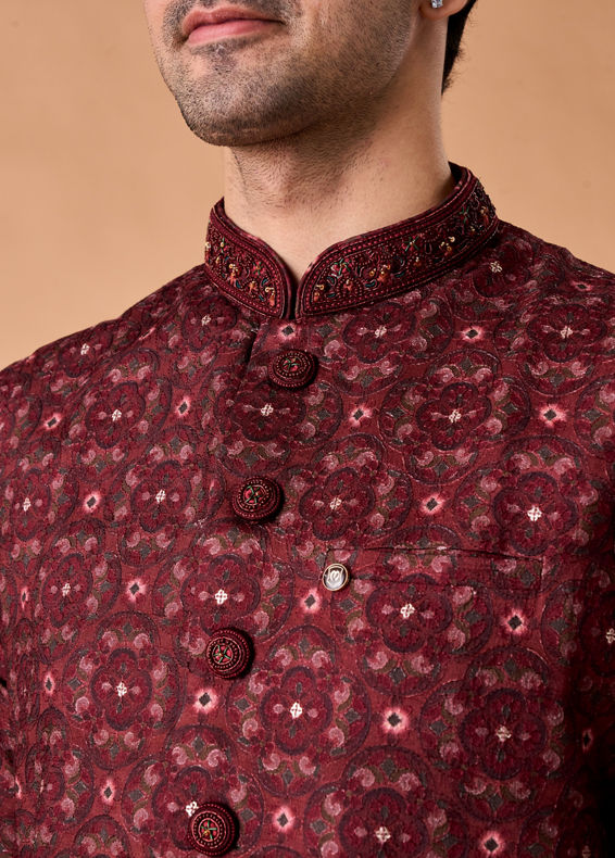 Manyavar Men Regal Maroon Kurta Jacket Set