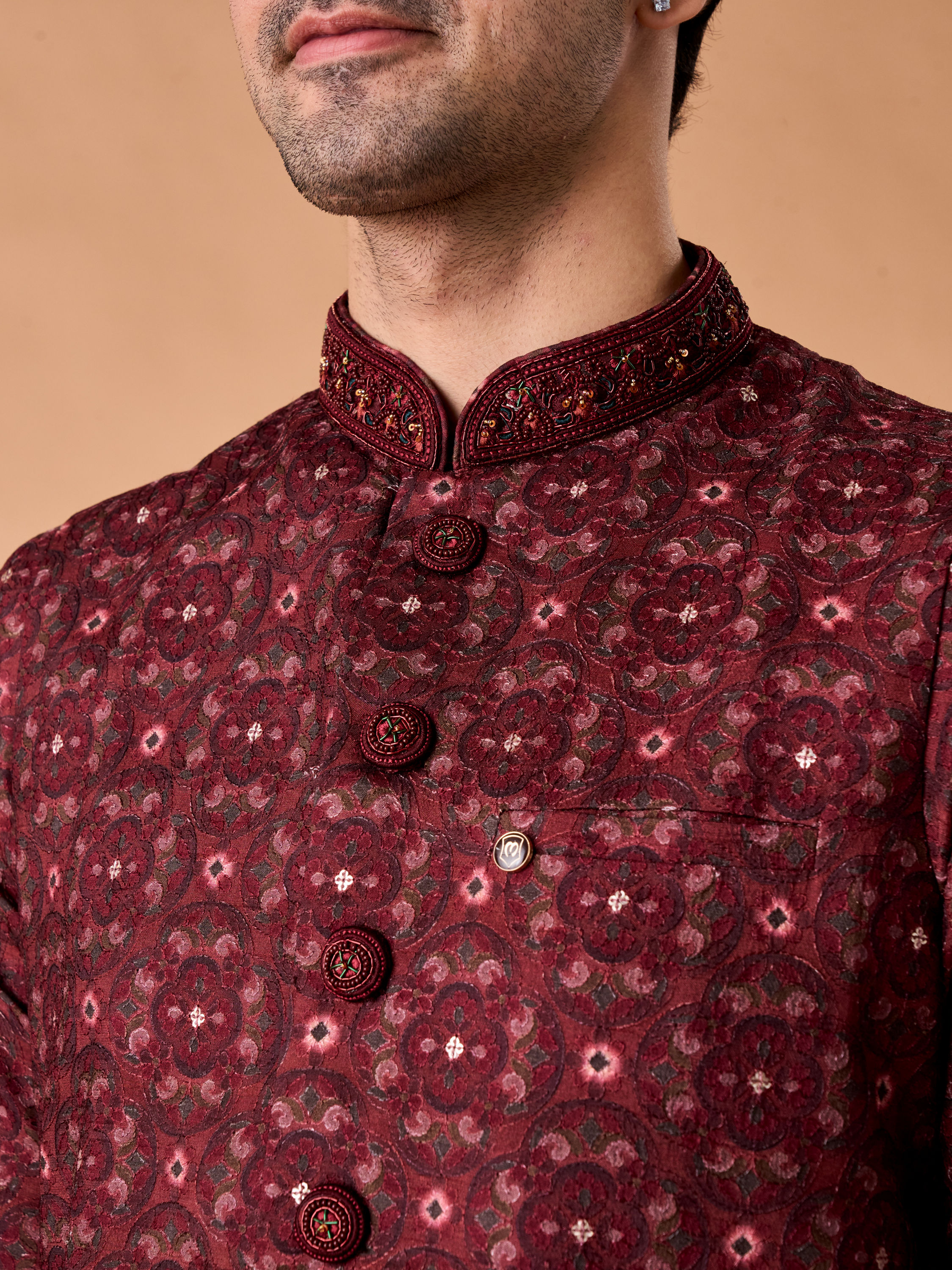 Manyavar Men Regal Maroon Kurta Jacket Set