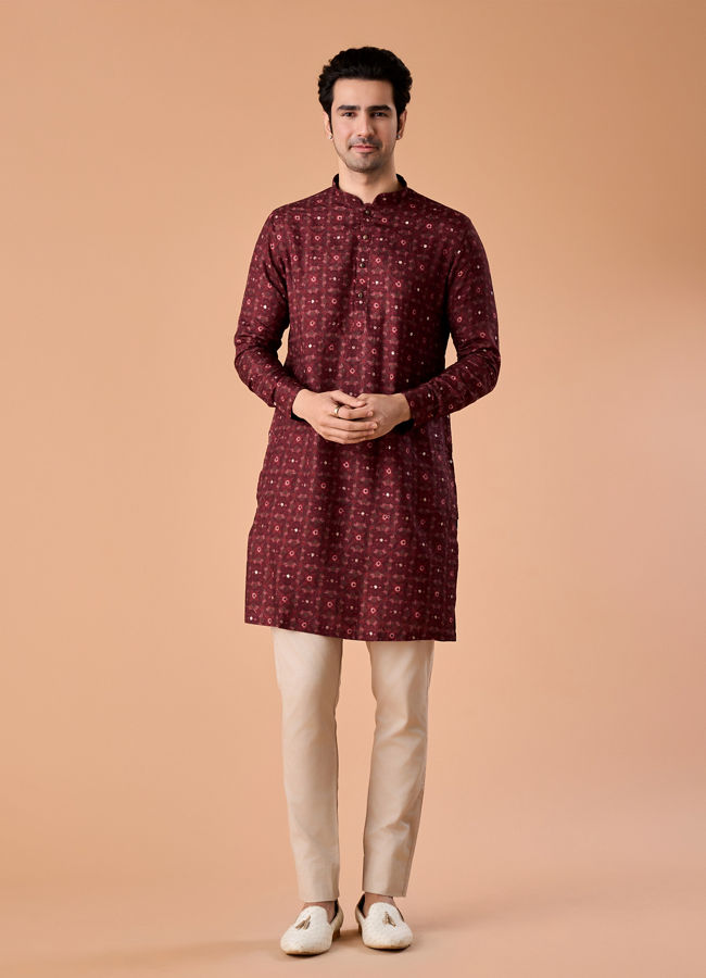 Manyavar Men Regal Maroon Kurta Jacket Set