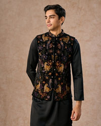 Manyavar Men Black Majestic Satin Kurta Jacket Set