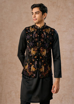 Manyavar Men Black Majestic Satin Kurta Jacket Set