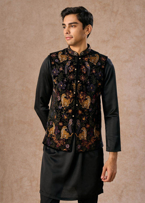Manyavar Men Black Majestic Satin Kurta Jacket Set