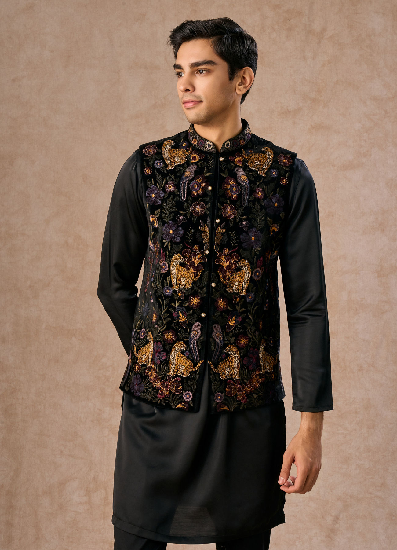 Manyavar Men Black Majestic Satin Kurta Jacket Set