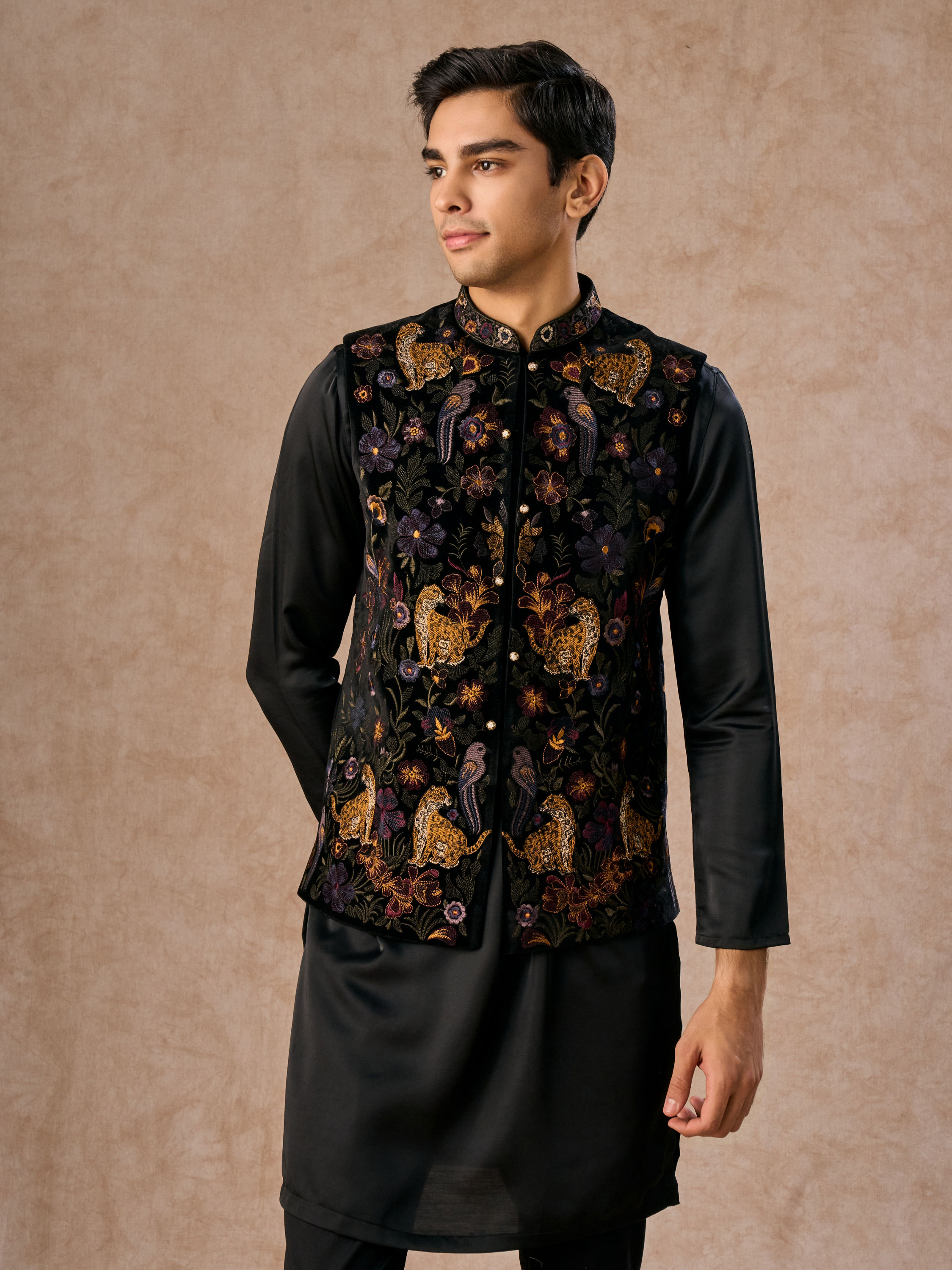 Manyavar Men Black Majestic Satin Kurta Jacket Set