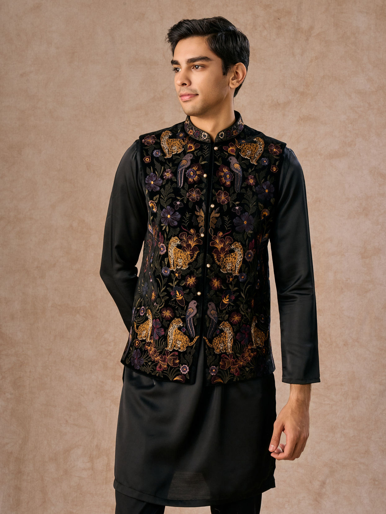 Manyavar Men Black Majestic Satin Kurta Jacket Set