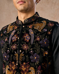 Manyavar Men Black Majestic Satin Kurta Jacket Set