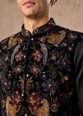 Manyavar Men Black Majestic Satin Kurta Jacket Set