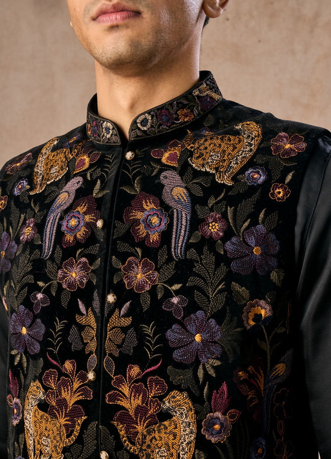 Manyavar Men Black Majestic Satin Kurta Jacket Set