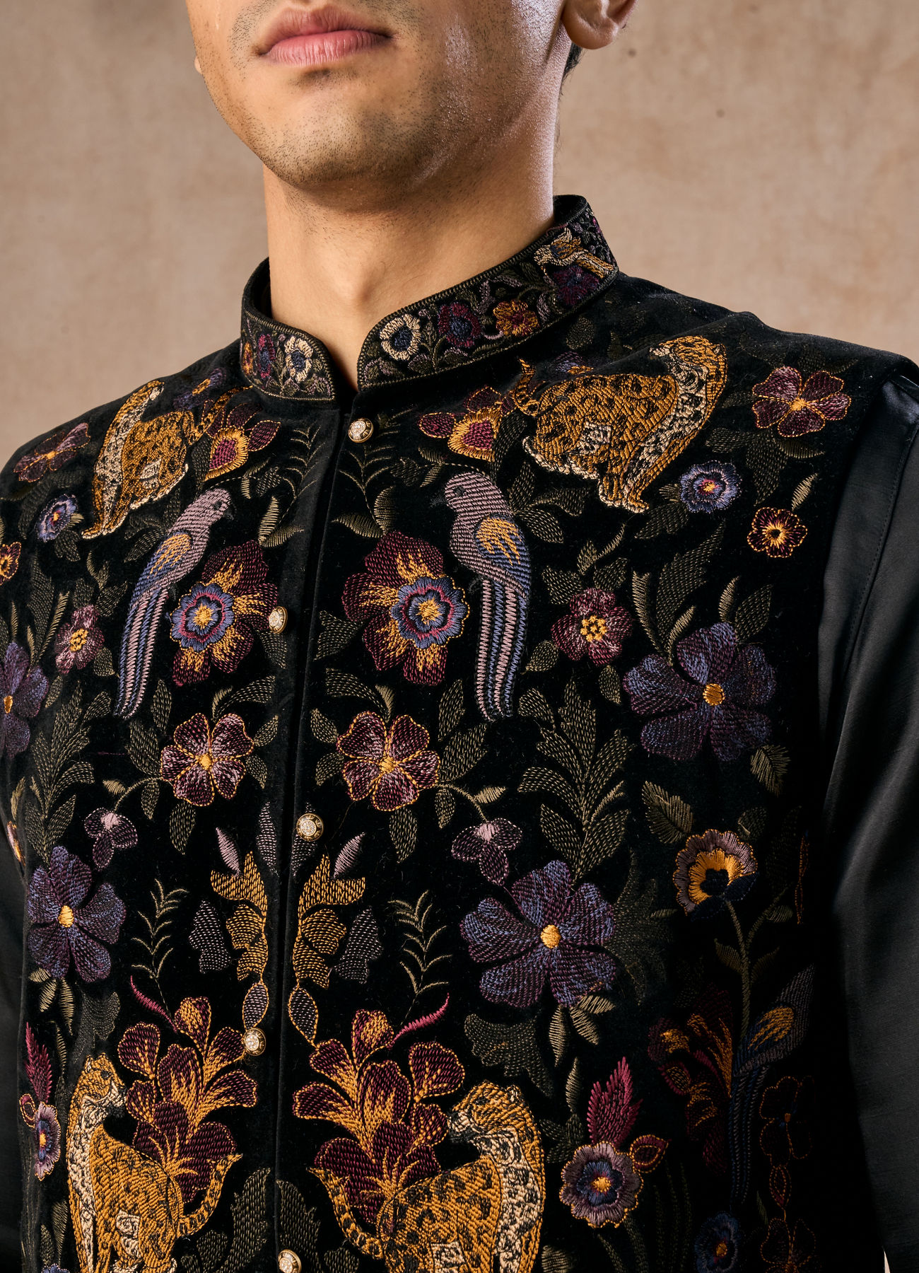 Manyavar Men Black Majestic Satin Kurta Jacket Set