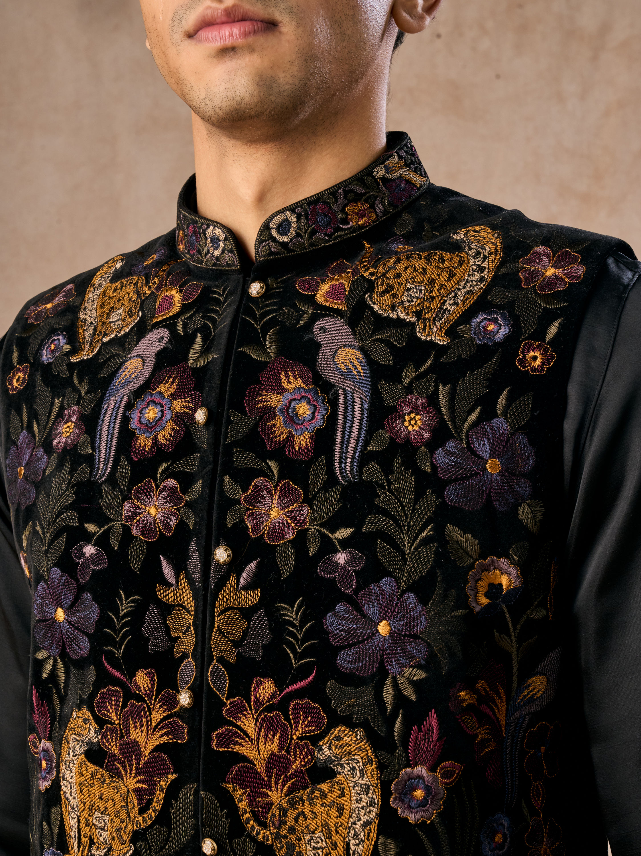 Manyavar Men Black Majestic Satin Kurta Jacket Set