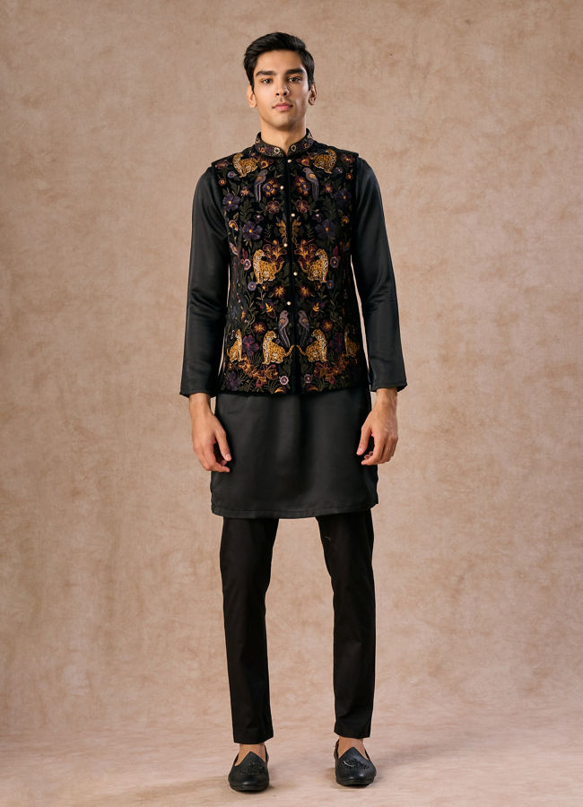 Manyavar Men Black Majestic Satin Kurta Jacket Set