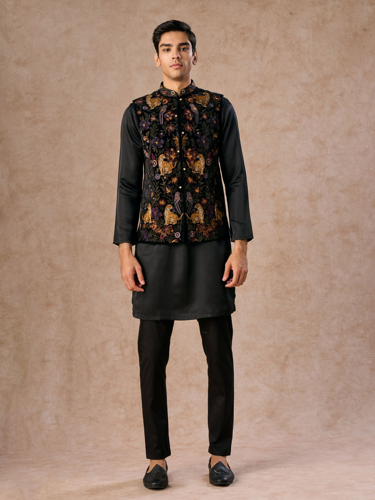 Manyavar Men Black Majestic Satin Kurta Jacket Set