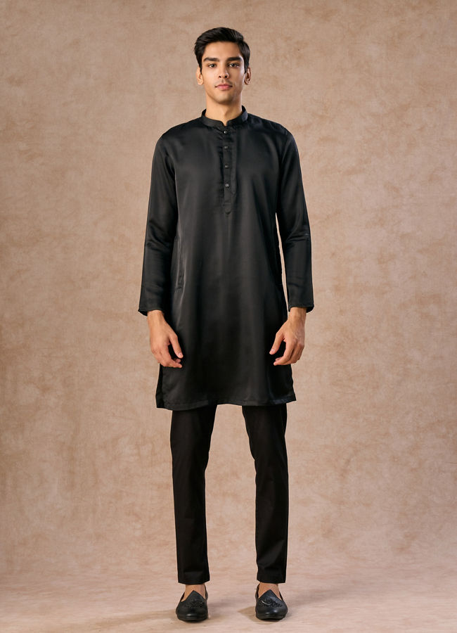 Manyavar Men Black Majestic Satin Kurta Jacket Set