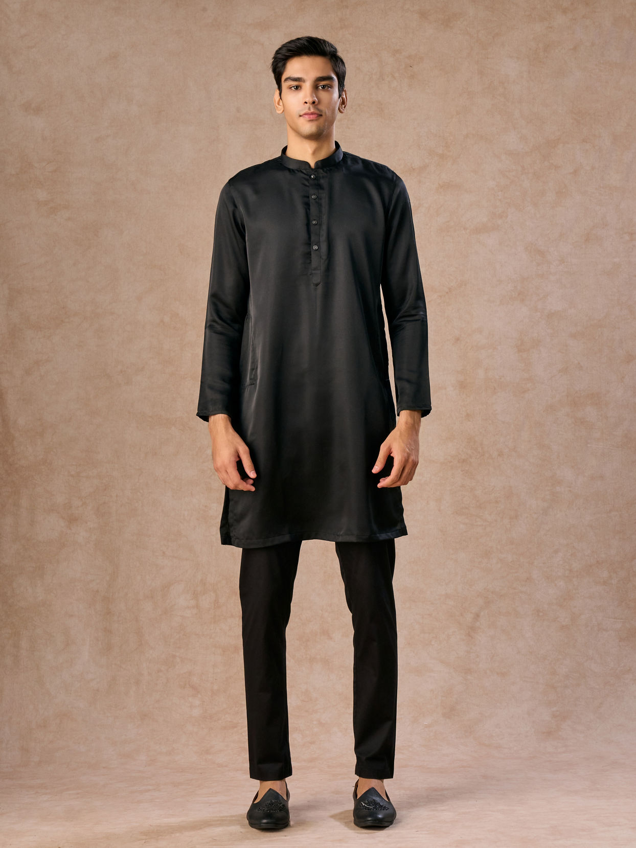 Manyavar Men Black Majestic Satin Kurta Jacket Set