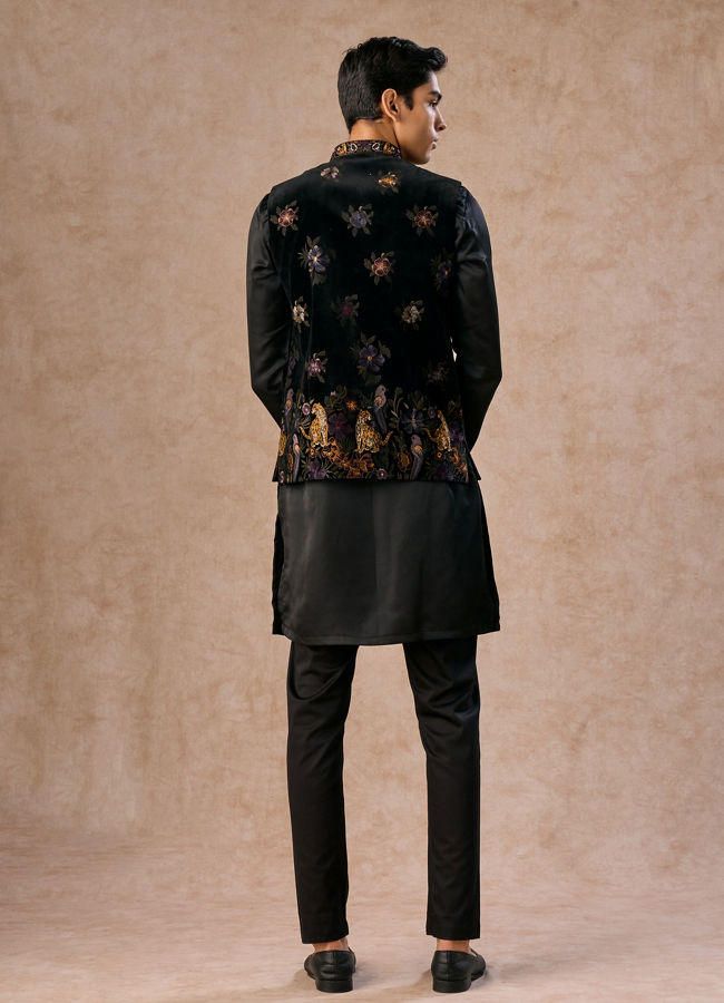 Manyavar Men Black Majestic Satin Kurta Jacket Set