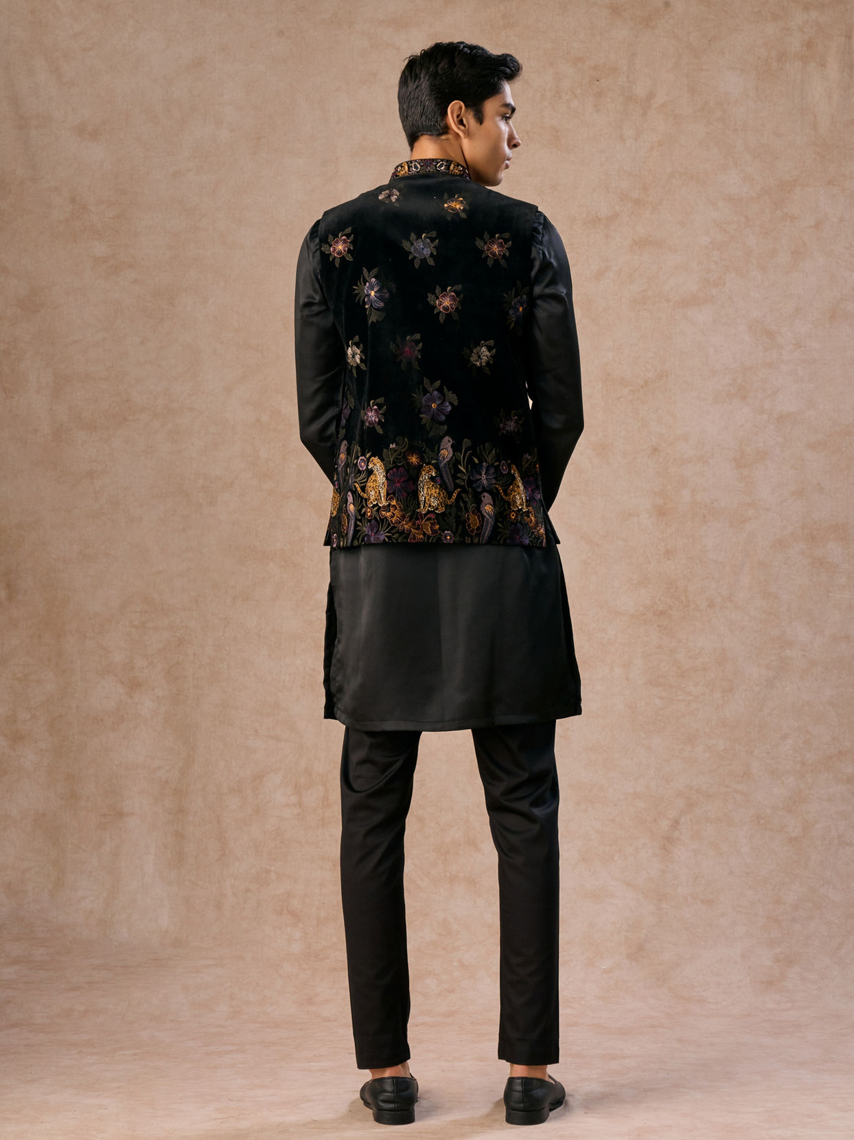Manyavar Men Black Majestic Satin Kurta Jacket Set