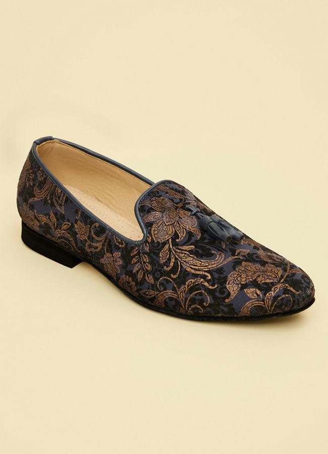 Manyavar Men Midnight Blue Foil Print Loafer Style Jutis