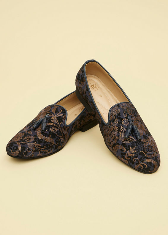 Manyavar Men Midnight Blue Foil Print Loafer Style Jootis