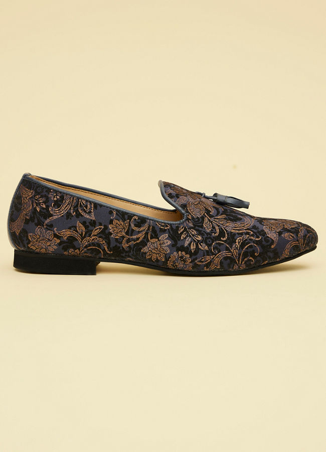 Manyavar Men Midnight Blue Foil Print Loafer Style Jutis