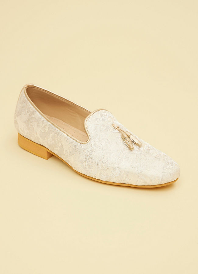Manyavar Men Antique White Loafers with Soft Grey Floral Prints