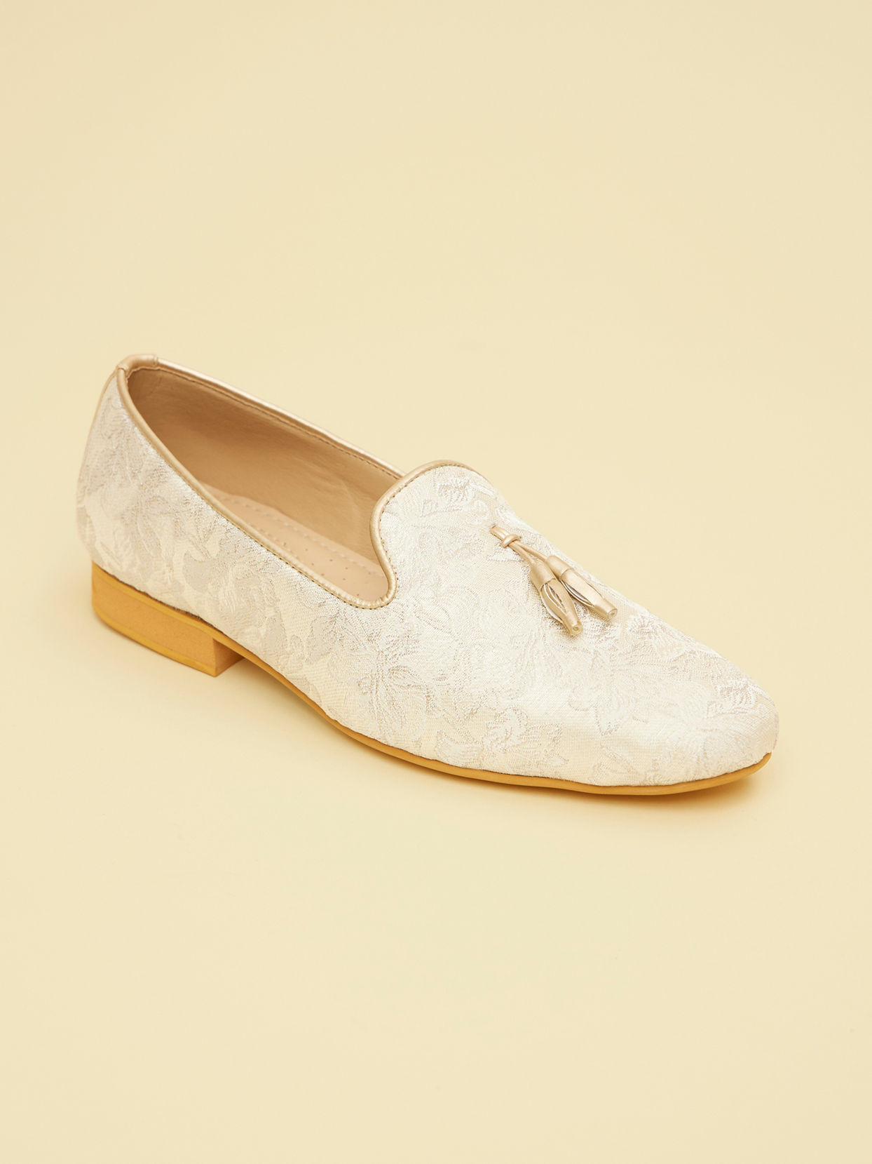Manyavar Men Antique White Loafers with Soft Grey Floral Prints
