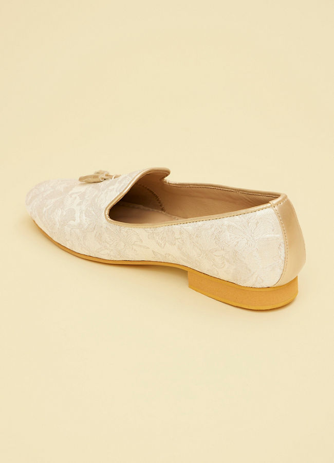 Manyavar Men Antique White Loafers with Soft Grey Floral Prints