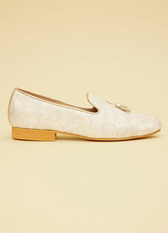 Manyavar Men Antique White Loafers with Soft Grey Floral Prints