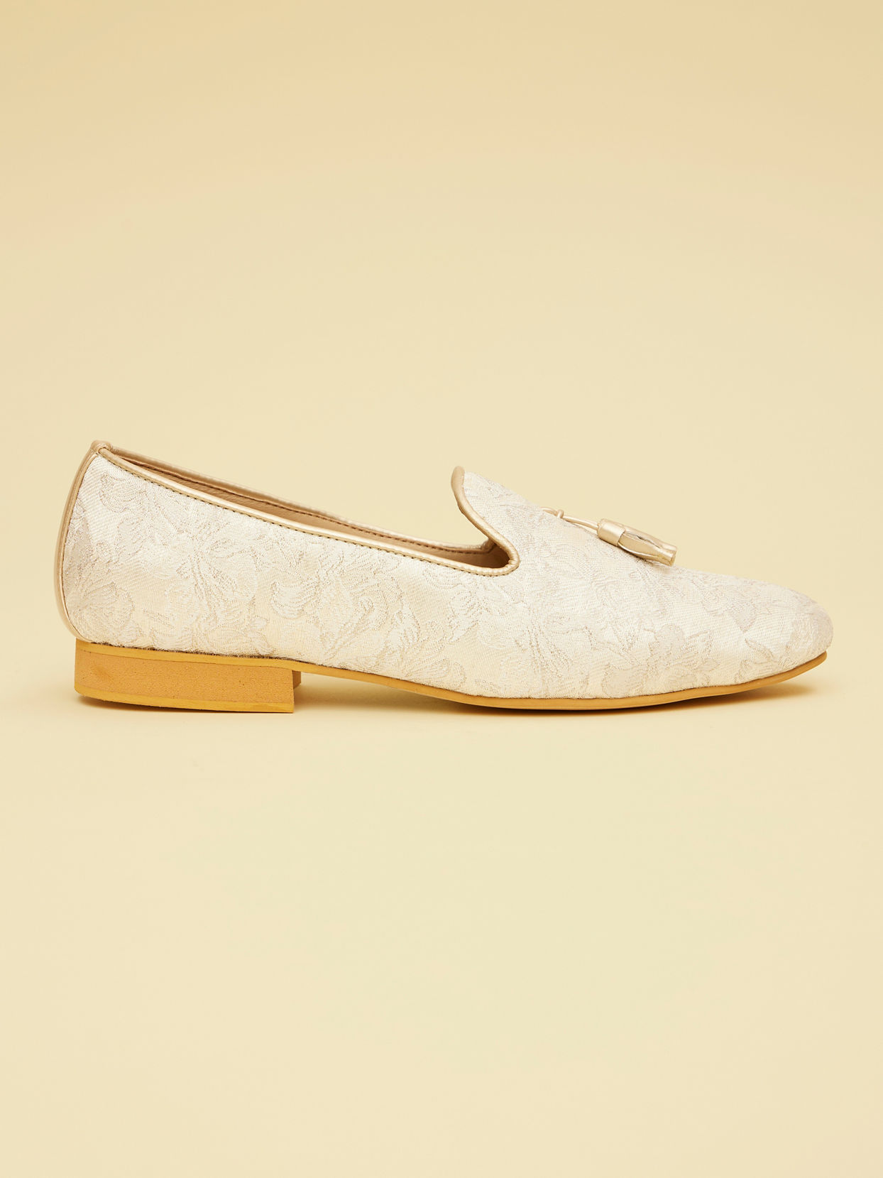 Manyavar Men Antique White Loafers with Soft Grey Floral Prints