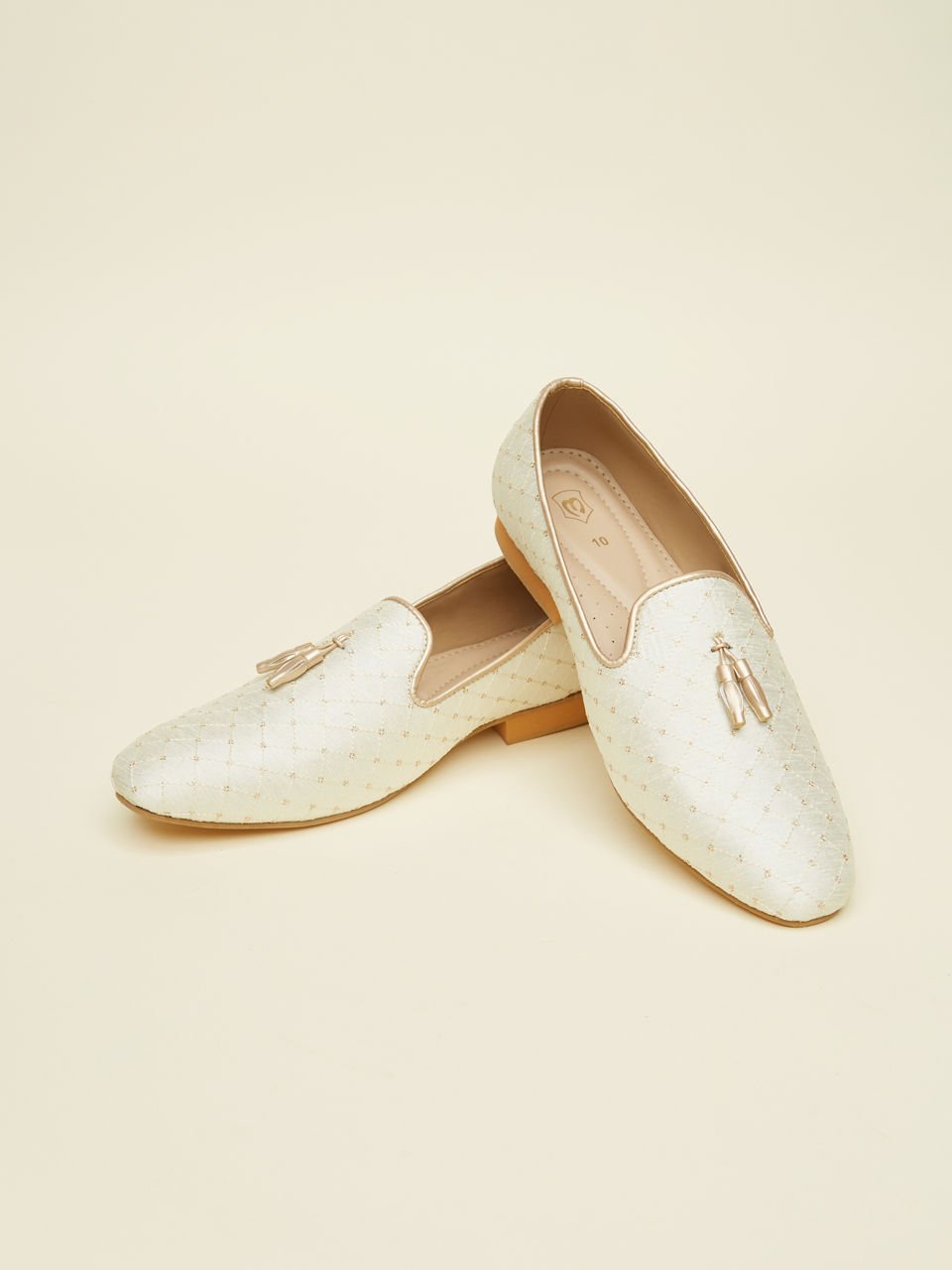 Manyavar Men Cream White Lattice Patterned Loafer Style Jootis