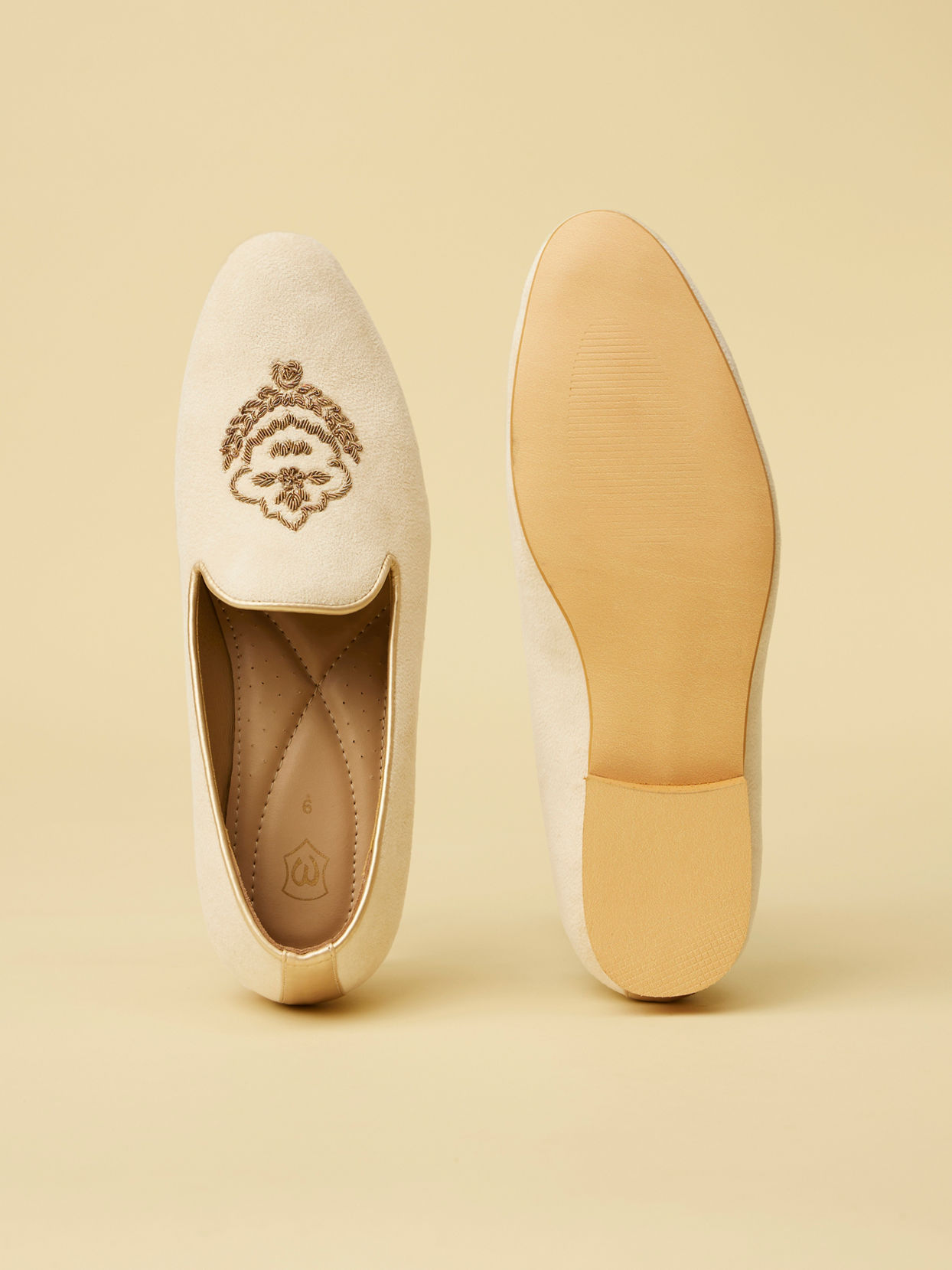 Manyavar Men Buttercream Wing and Emblem Embroidered Loafers