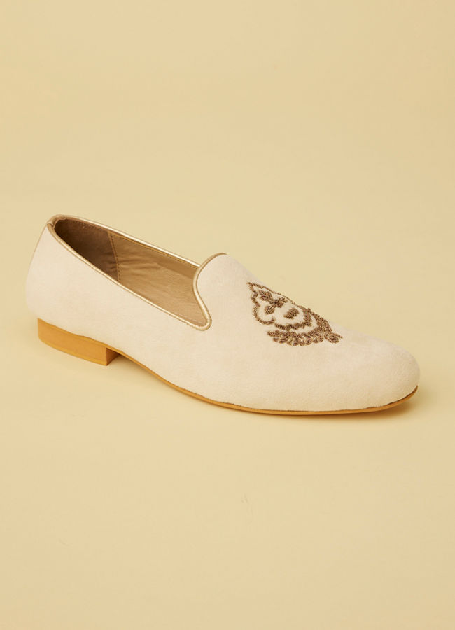 Manyavar Men Buttercream Wing and Emblem Embroidered Loafers