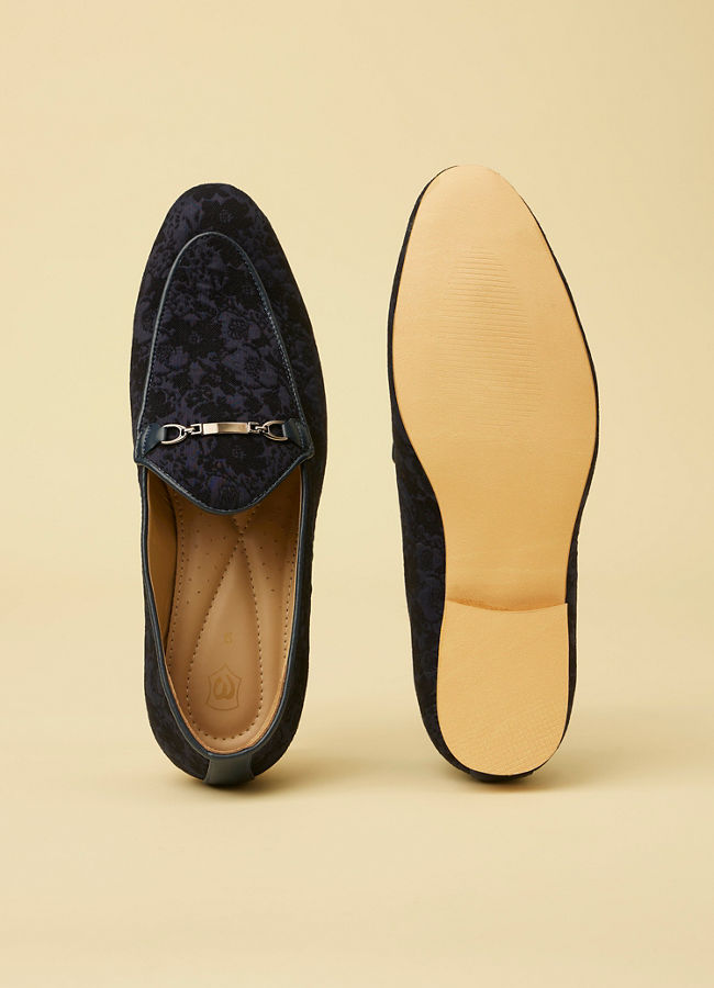 Manyavar Men Navy Blue Floral Self Patterned Loafers