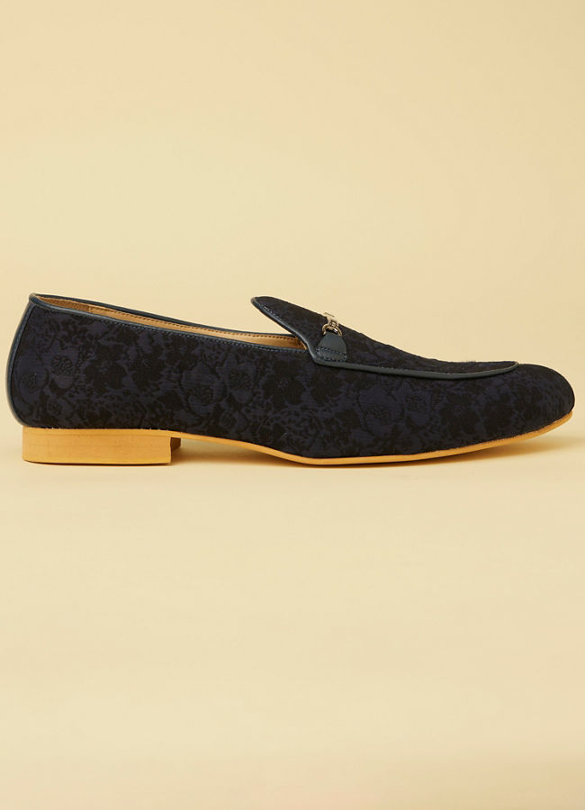 Manyavar Men Navy Blue Floral Self Patterned Loafers