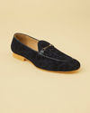 alt message - Manyavar Men Navy Blue Floral Self Patterned Loafers image number 2