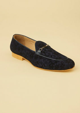 Manyavar Men Navy Blue Floral Self Patterned Loafers image number 2