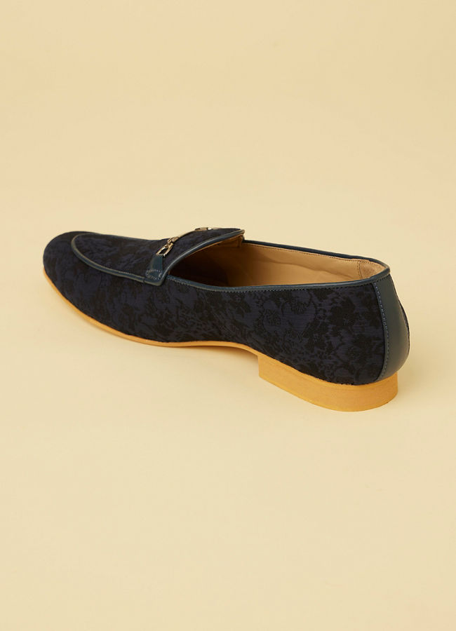 Manyavar Men Navy Blue Floral Self Patterned Loafers