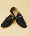 alt message - Manyavar Men Navy Blue Floral Self Patterned Loafers image number 0