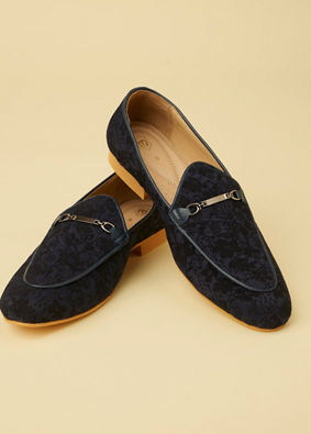 alt message - Manyavar Men Navy Blue Floral Self Patterned Loafers