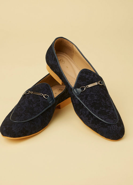 alt message - Manyavar Men Navy Blue Floral Self Patterned Loafers