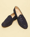 alt message - Manyavar Men Navy Blue Floral Patterned Sequined Loafers image number 0