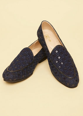 alt message - Manyavar Men Navy Blue Floral Patterned Sequined Loafers