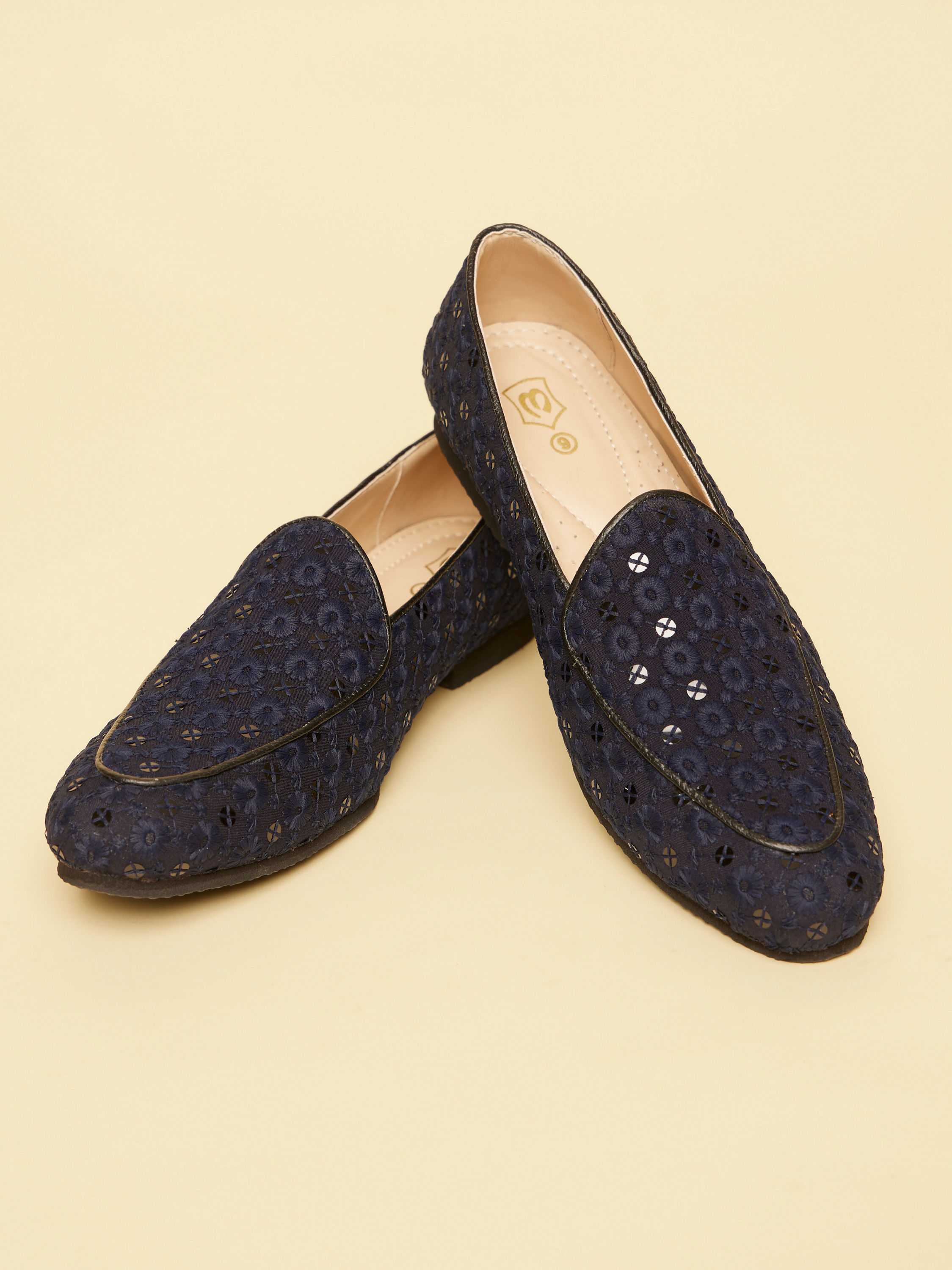 Manyavar Men Navy Blue Floral Patterned Sequined Loafers