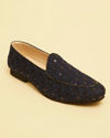 alt message - Manyavar Men Navy Blue Floral Patterned Sequined Loafers image number 2