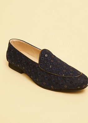 Manyavar Men Navy Blue Floral Patterned Sequined Loafers image number 2